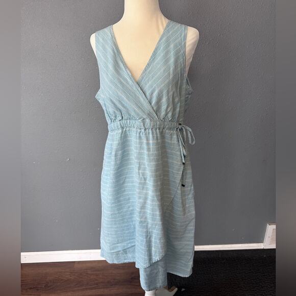 Freedom Trail By Kyodan Linen Blend Dress Sz M Faux Wrap Sleeveless Blue Stripe - Picture 1 of 6